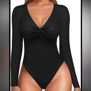 MANGOPOP Deep V Neck Twist Knot Fitted Long Sleeve Bodysuit New With Tags Large
